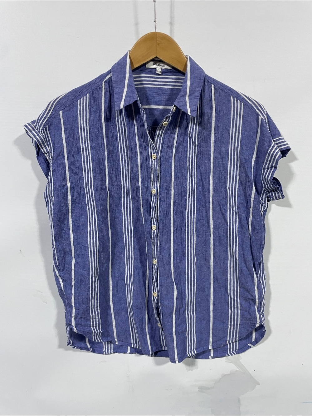 Madewell Blue and White Striped Short-Sleeve Button Front Top